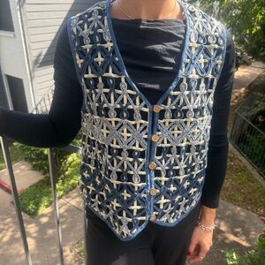 New Directions Navy and Cream Crochet Vest, very special handcraft style